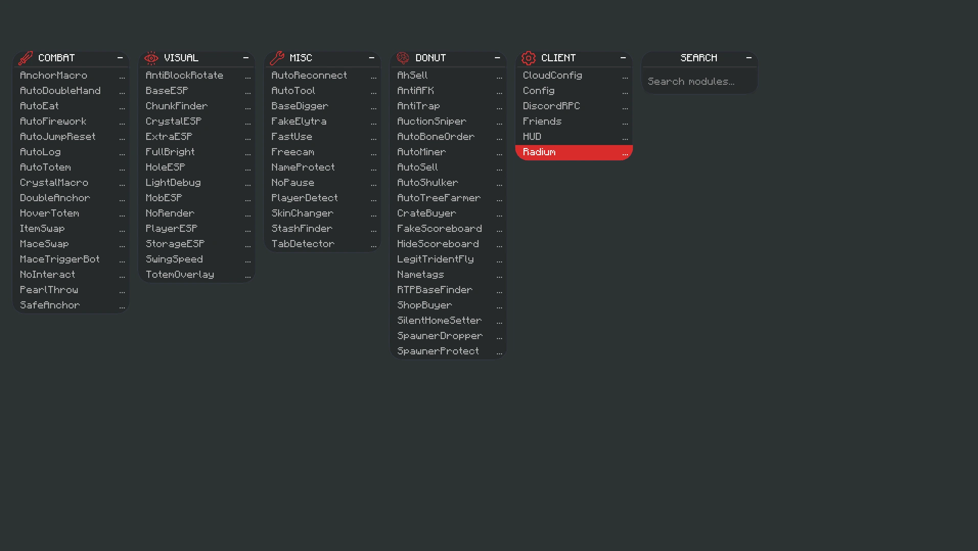 Radium Client Menu Interface